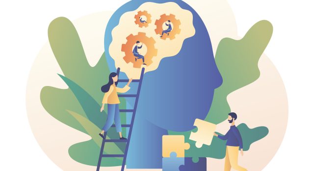 Psychology. Psychotherapy practice, psychological help, psychiatrist consulting patient. Psychologist online. Modern flat cartoon style. Vector illustration