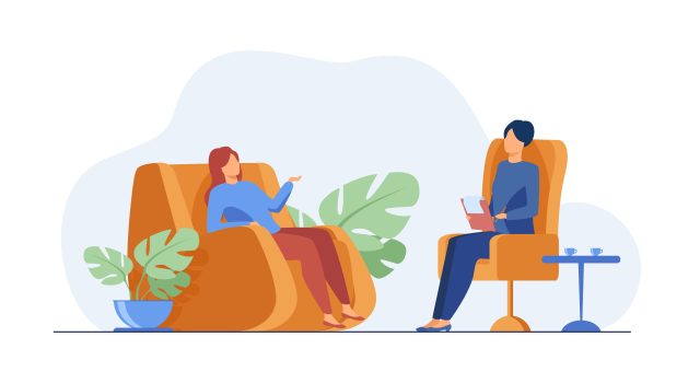 Woman visiting psychologist office. Patient sitting in armchair and talking to psychiatrist. Vector illustration for therapy session, psychotherapy counseling concept